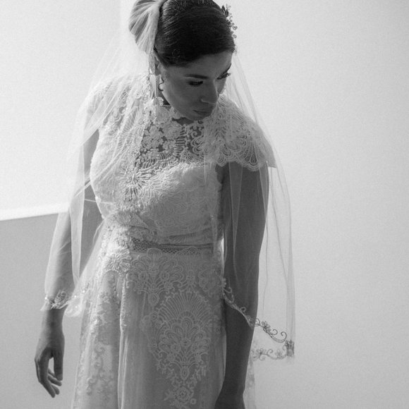 David\'s Bridal Ivory One Tier Mid Veil with Swirl Embellishment main image 6